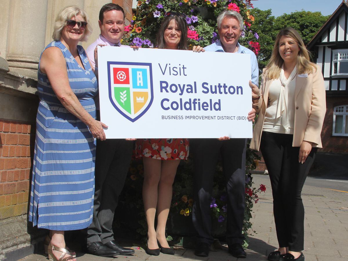 BID board members, from left, Alison Clack, Stephen Nixon, Angela Henderson, Mark Harris and Michelle Baker show off the new brand outside Sutton Coldfield Town Hall
