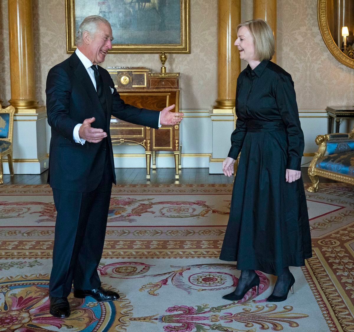 King Charles III receives Prime Minister Liz Truss in the 1844 Room at Buckingham Palace in London