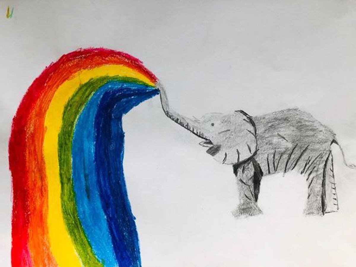 An elephant with a rainbow done by Callum Dunn, 10, from Oldbury