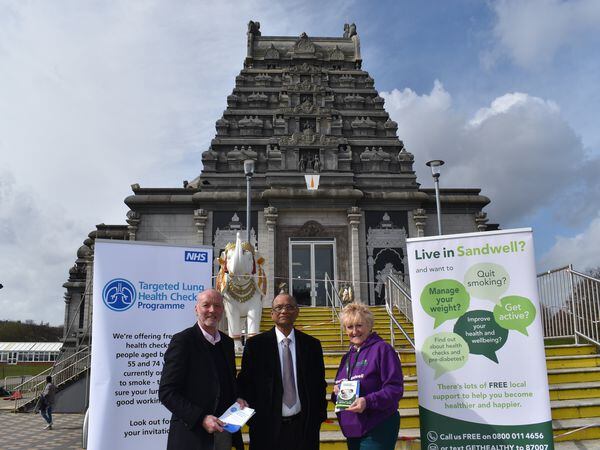 Representatives attending the event from left, Steve Nelson, programme manager, targeted lung health checks at Sandwell and West  Birmingham NHS Trust, Dr Kanagratnam, chairman of Shri Venkateswara (Balaji) Temple; Joyce Clarke – Healthy Sandwell Lifestyle and uptake officer at Sandwell Council
