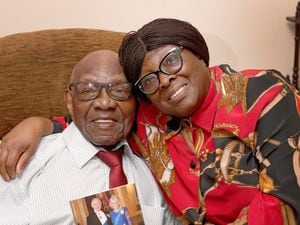 WOLVERHAMPTON COPYRIGHT MNA MEDIA TIM THURSFIELD 29/09/23.Marcus Samuels from Low Hill, Wolverhampton, celebrates his 100th birthday. He is pictured with eldest daughter Joyce Lewis..