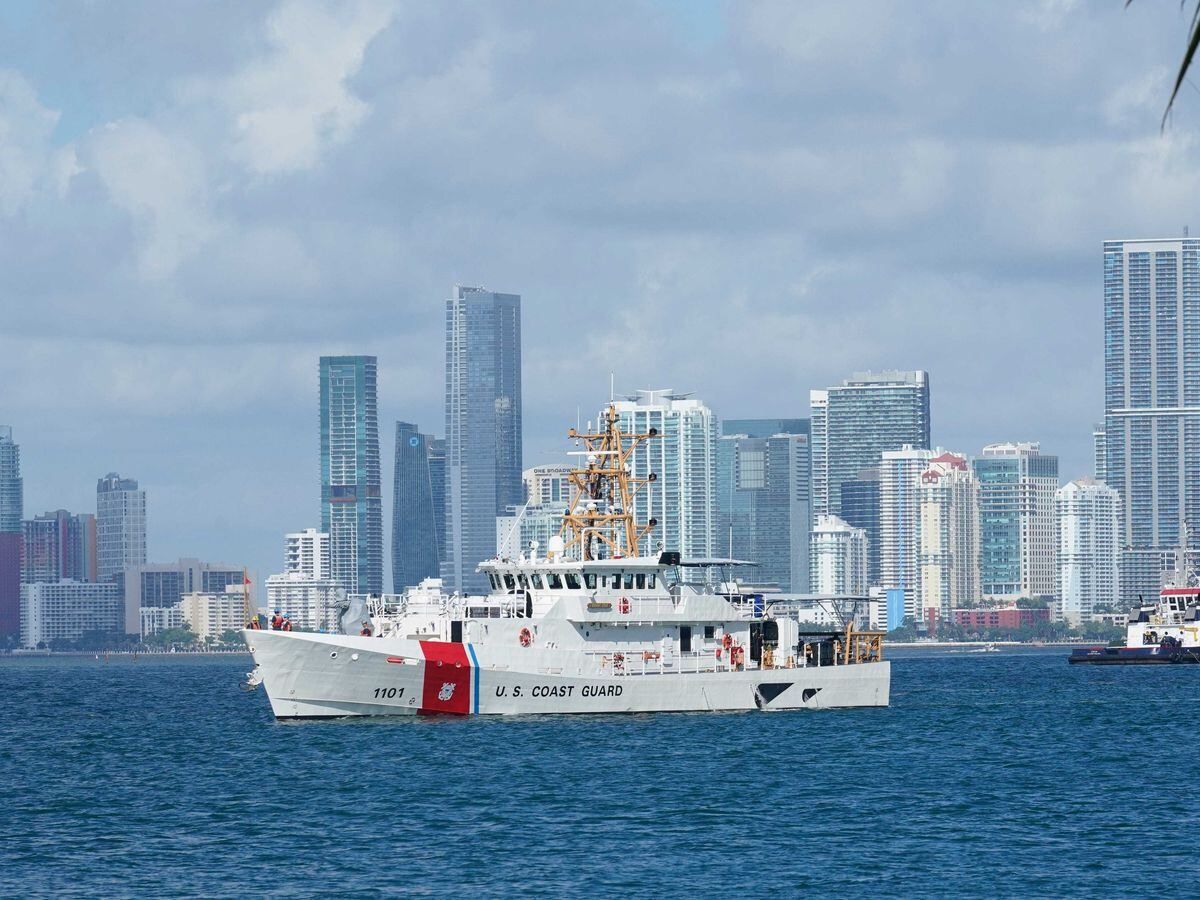 The US Coast Guard ship Bernard C Webber leaves an agency base in Miami Beach, Florida