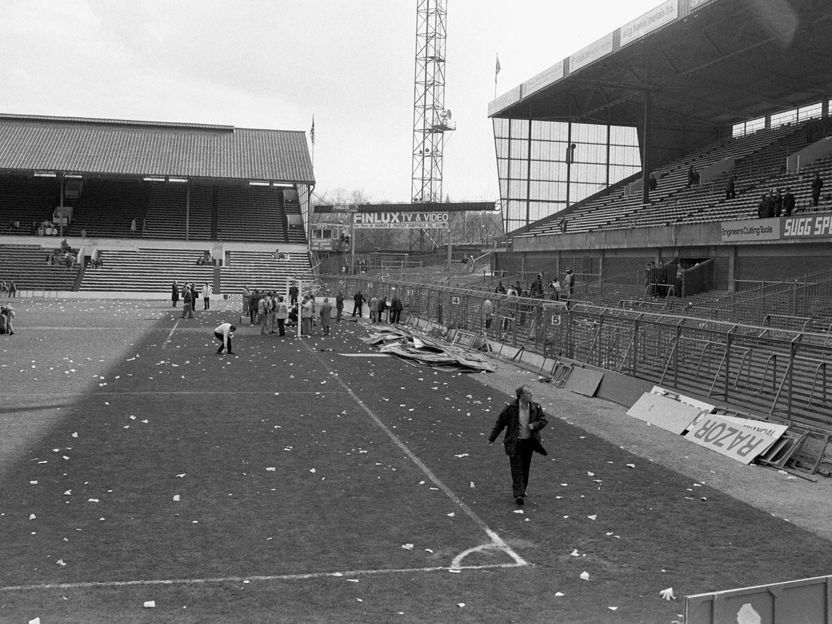 Bent and twisted fencing at Hillsborough in the aftermath of the tragedy