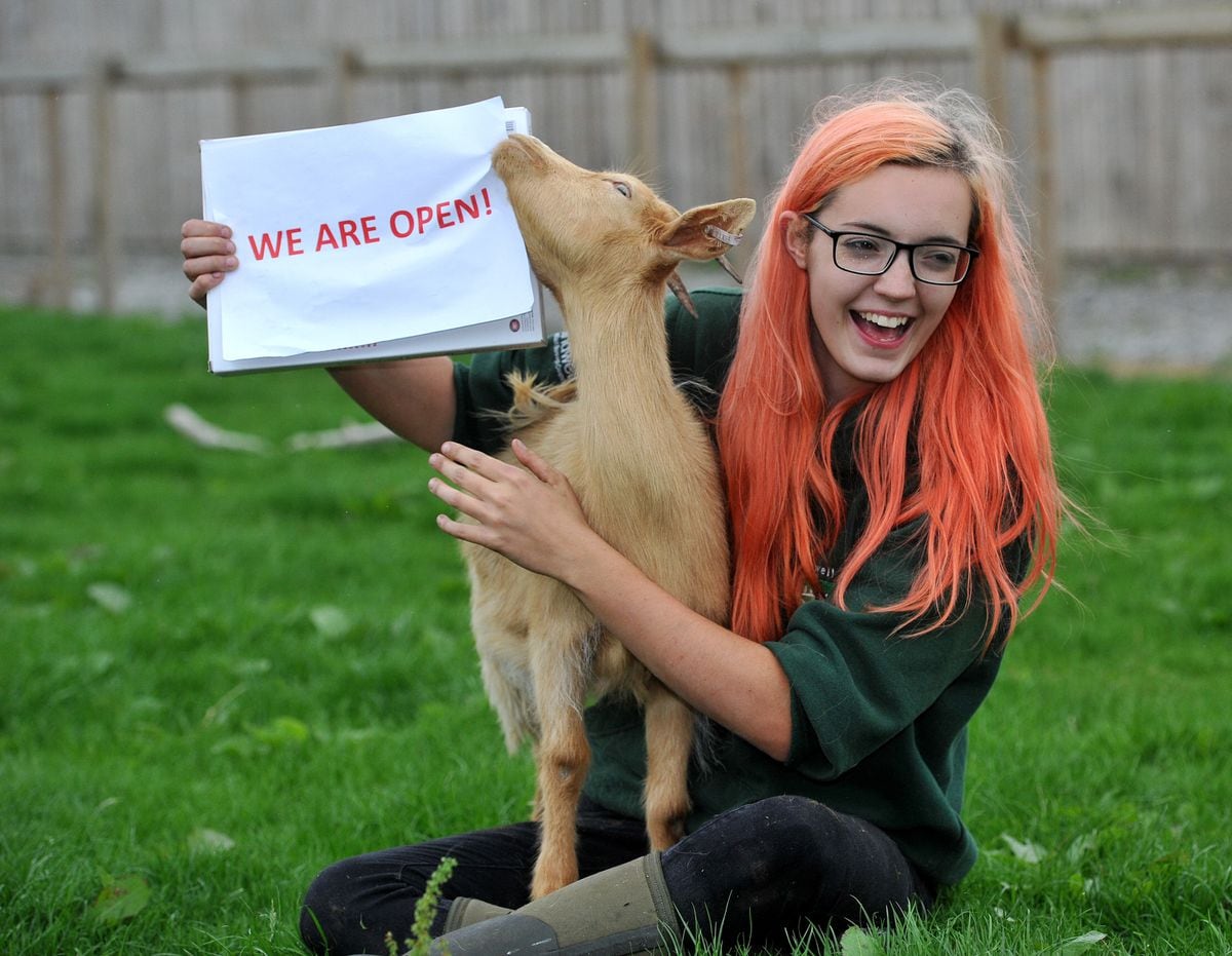 Farm apprentice Millie Garbett and April the goat are happy that Forge Mill Farm, West Bromwich is open again