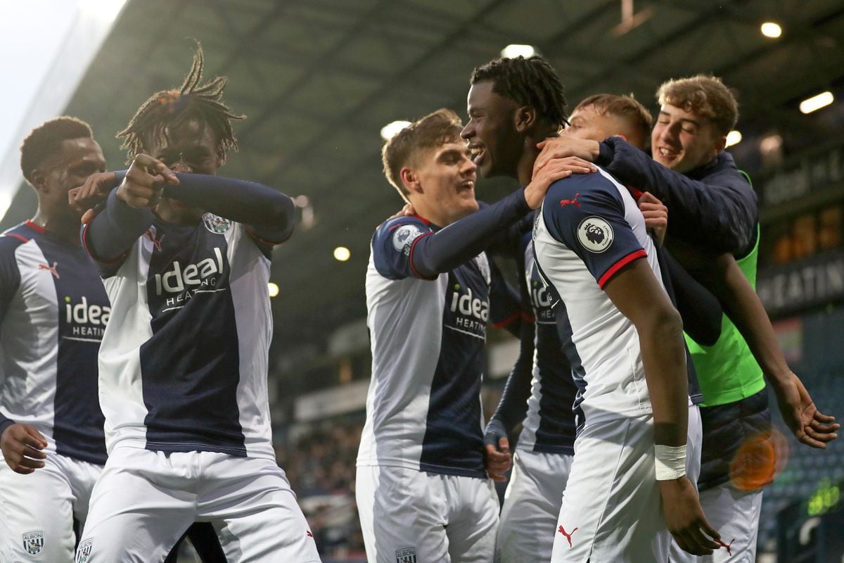 Mo Faal of West Bromwich Albion celebrates after scoring a goal to make it 2-0 with team mates  during the Premier League Cup / PL Cup at The Hawthorns on May 3, 2022 in West Bromwich, England. (Photo by Adam Fradgley/West Bromwich Albion FC via Getty Images)...