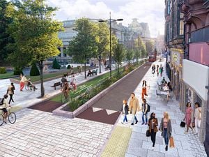 A view of how a tree-lined Lichfield Street could look with wider pavements and more cycle routes through the city