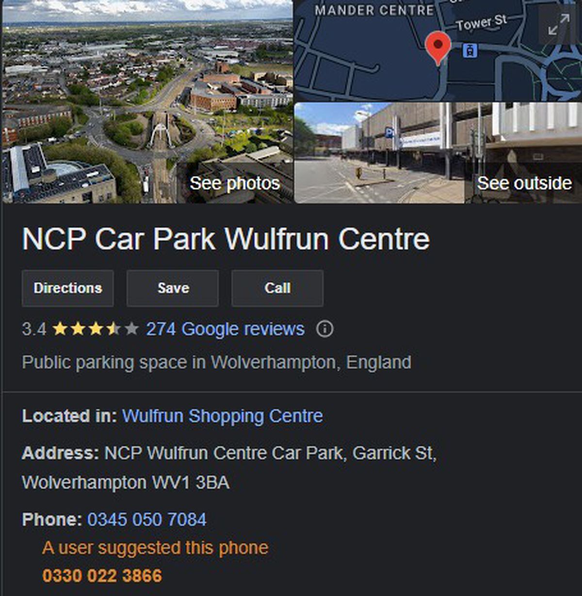 A Google search of 'Wulfrun car park' shows the Garrick Street site labelled as an NCP. Picture: Google