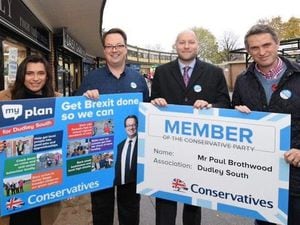 Paul Brothwood, third from left, is backing MP Mike Wood, second left, for re-election for the Tories in Dudley South alongside South Staffordshire MP Gavin Williamson. Picture: BBC/@sunpoliticsmids