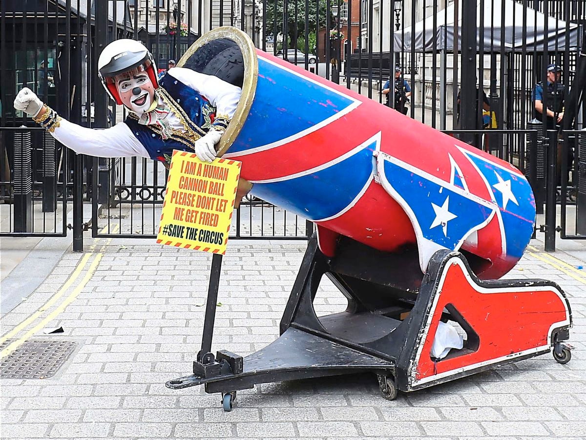 A human cannon ball with fello circus performers from the Association of Circus Proprietors (ACP) deliver a petition to Downing Street, London, calling for the right to reopen ahead of the busy summer season