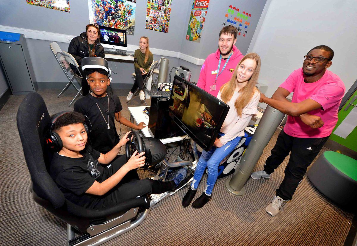 L-R: Malaki Jackson, Jahni Dyer, Kya Wakeley, Millie Baggs, Josh Merrick, Evie Baggs and Dwight Reed in brand new games room The Den