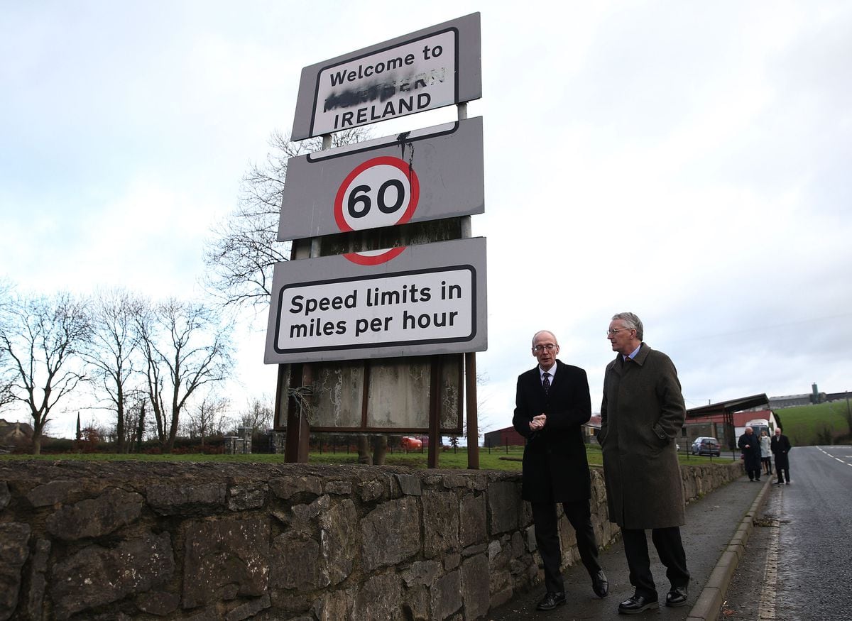 Hillary Benn (right), Chair of The House of Commons' Brexit Committee, and Pat McFadden MP at the border between Northern Ireland and the Republic of Ireland in Middletown, Co. Armagh. 