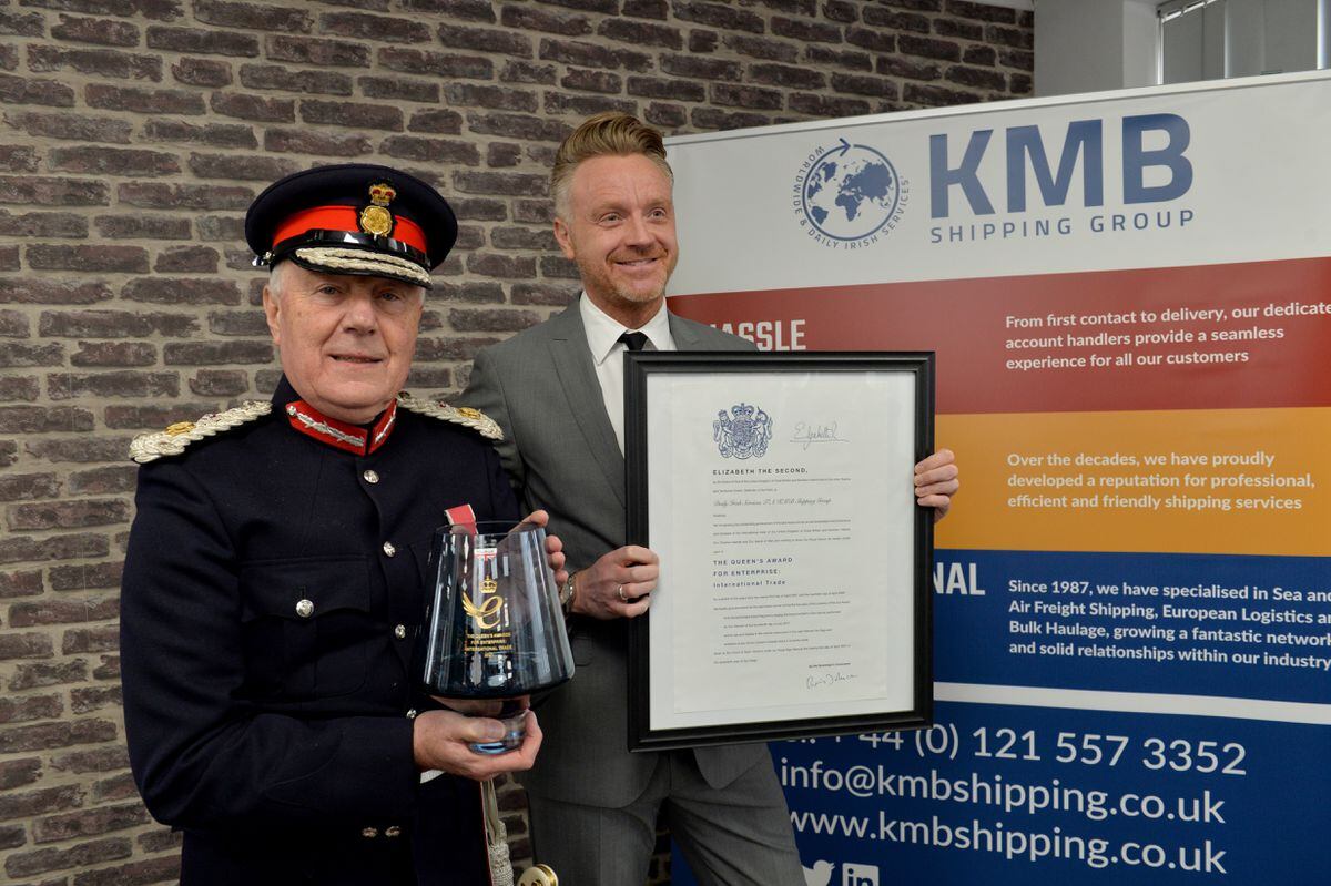 KMB Shipping, of Tipton, won the Queen' Award for international trade. The Lord lieutenant of the West Midlands John Crabtree with co-owner Paul Hull.