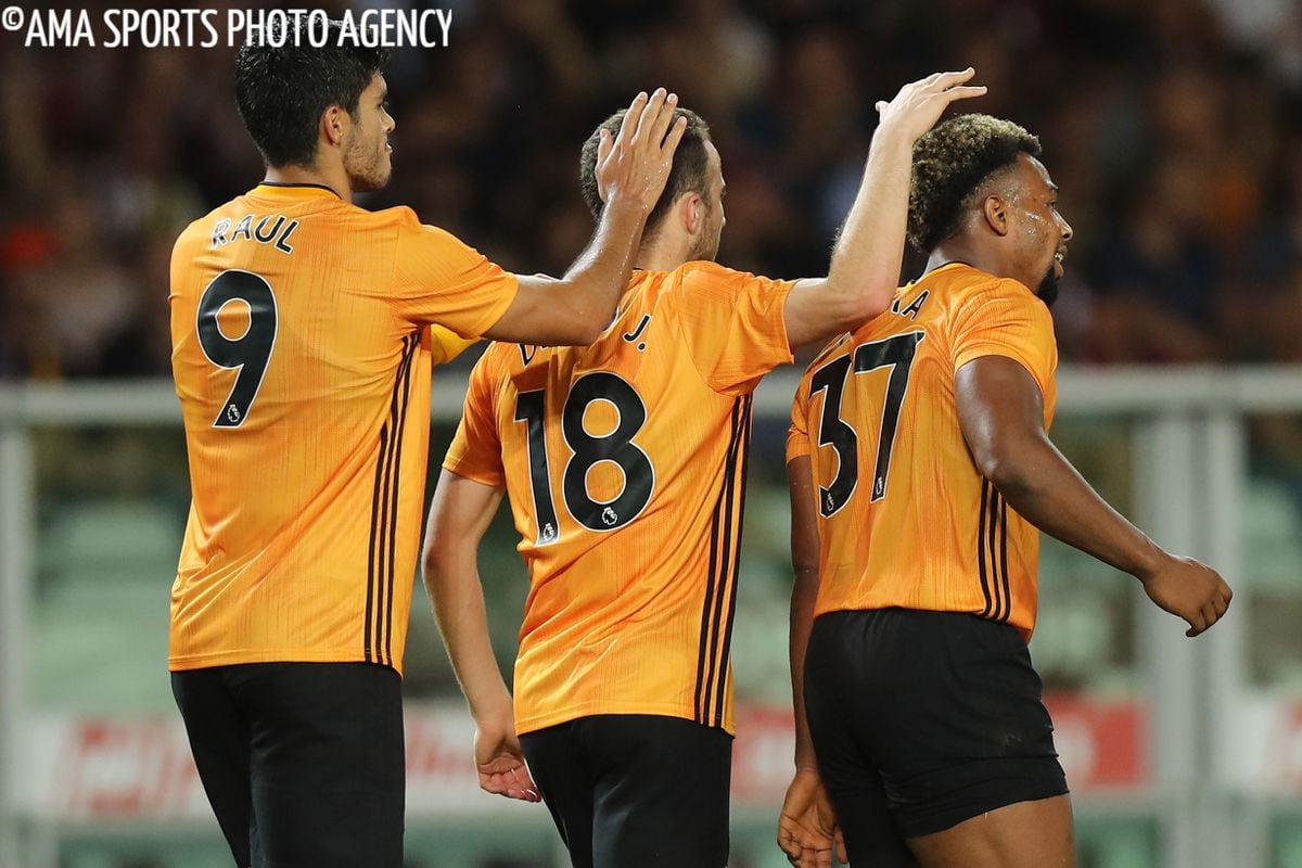 Diogo Jota of Wolverhampton Wanderers celebrates after scoring a goal to make it 0-2 with Raul Jimenez and Adama Traore (AMA)