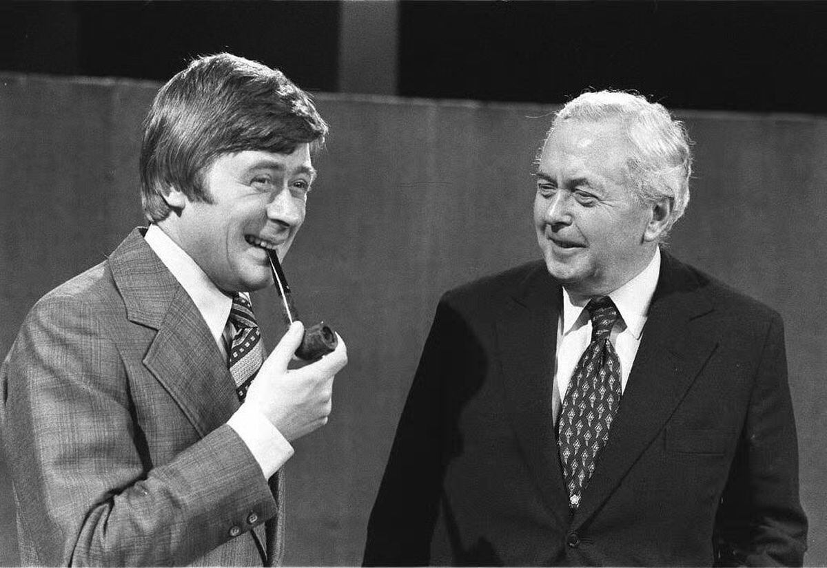 Mike Yarwood larking with Harold Wilson in 1977