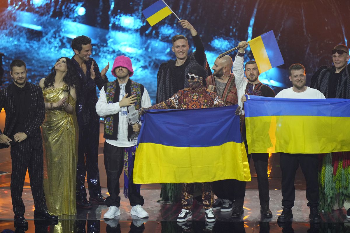 Kalush Orchestra from Ukraine celebrates after winning the Grand Final of the Eurovision Song Contest at Palaolimpico arena, in Turin, Italy, Saturday, May 14, 2022. (AP Photo/Luca Bruno).