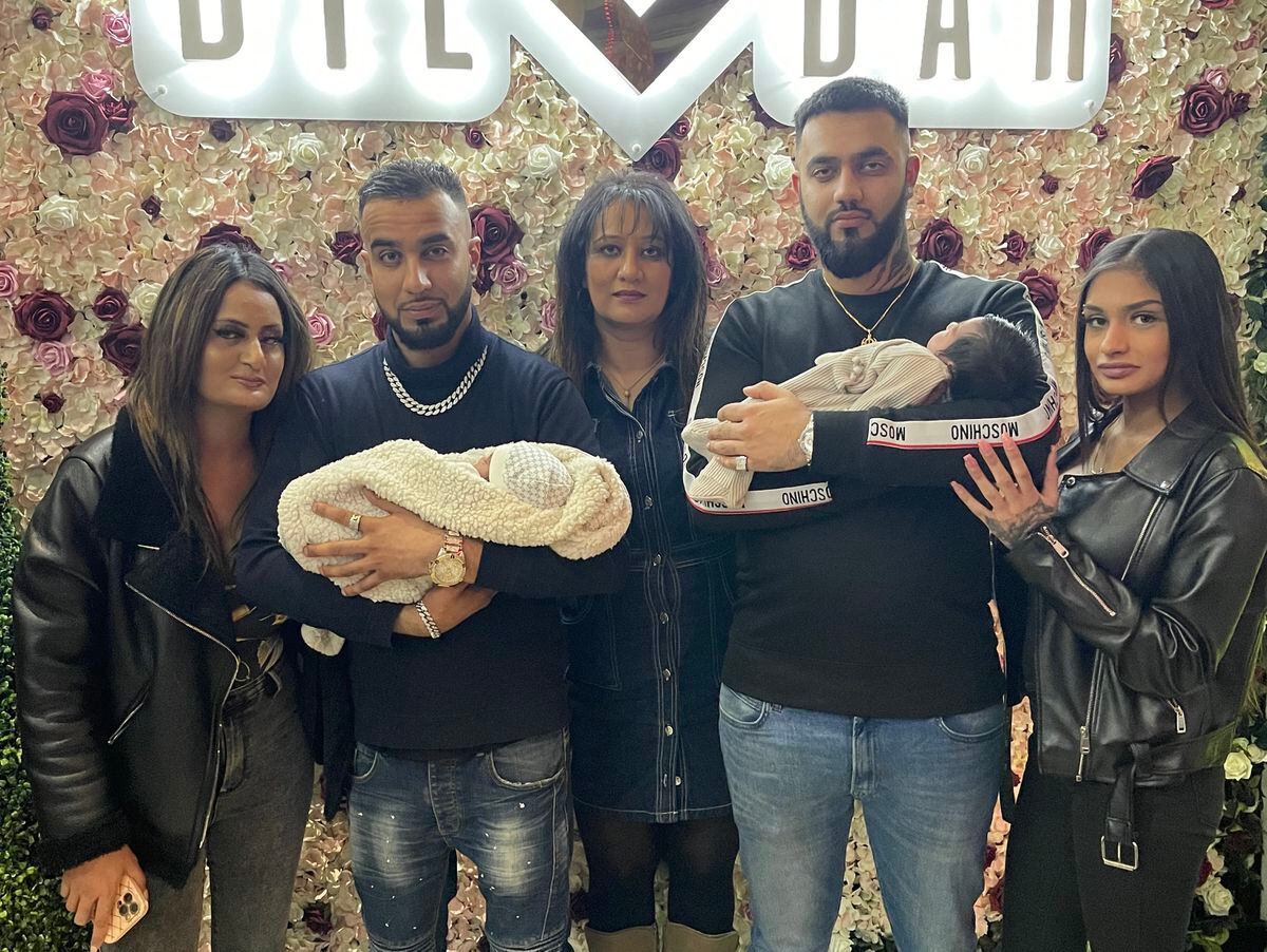 Pam Bassi, centre, with youngest son Ajay and his wife and baby daughter Shinyah (left), and her elder son Sunny with his wife Nav and baby son Kaydan (right)
