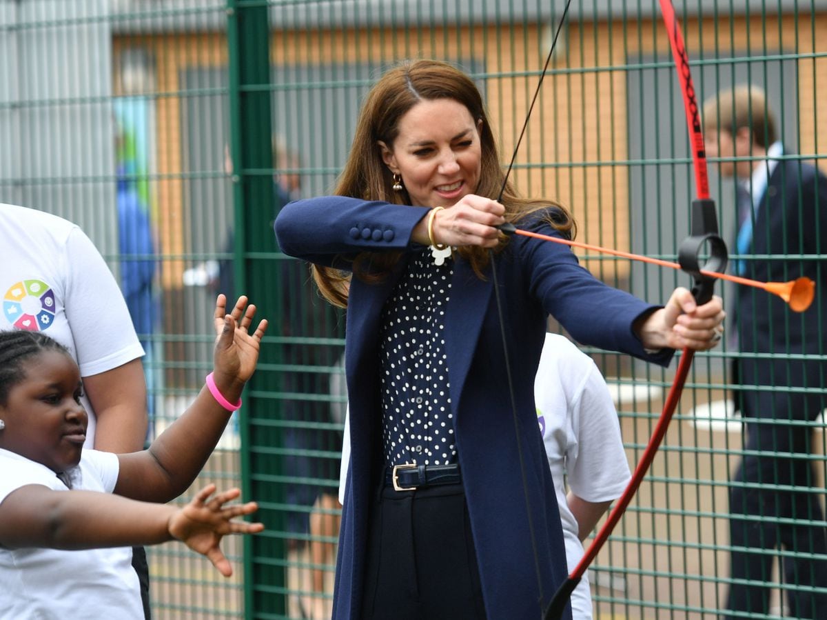 The Duchess of Cambridge takes part at a an archery session at The Way Youth Zone in Wolverhampton