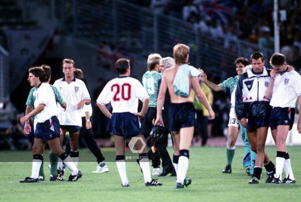 Disappointed England players after the semi-final defeat to West Germany - on right Steve Bull and Chris Waddle