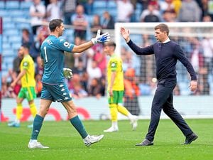 Villa head coach Steven Gerrard, right, after victory over Norwich