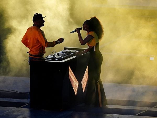 Goldie and Beverley Knight perform on stage during the Closing Ceremony for the 2022 Commonwealth Games at the Alexander Stadium in Birmingham