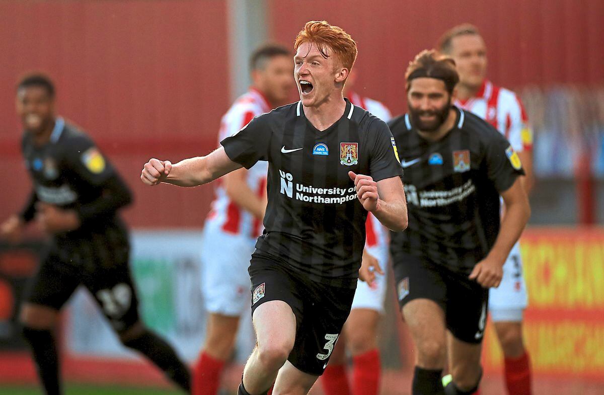 Northampton Town's Callum Morton celebrates scoring his side's second goal of the game during the Sky Bet League Two Play Off match at the The Jonny-Rocks Stadium, Cheltenham. PA Photo. Issue date: Monday June 22, 2020. See PA story SOCCER Cheltenham. Photo credit should read: Mike Egerton/PA Wire. RESTRICTIONS: EDITORIAL USE ONLY No use with unauthorised audio, video, data, fixture lists, club/league logos or "live" services. Online in-match use limited to 120 images, no video emulation. No use in betting, games or single club/league/player publications.