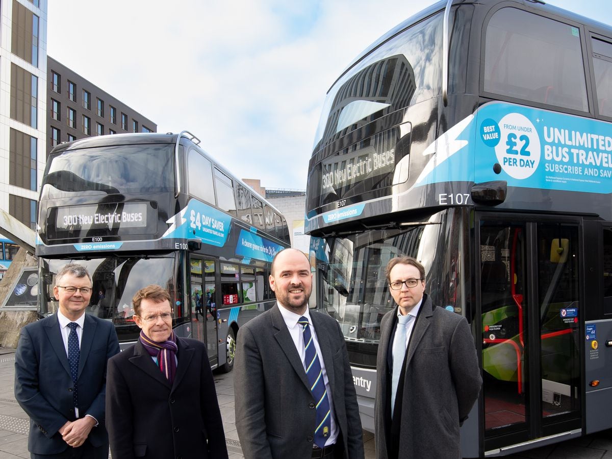 From left, National Express UK CEO Tom Stables, Andy Street, Mayor of the West Midlands, Transport Minister Richard Holden and David Bradford, managing director, National Express West Midlands
