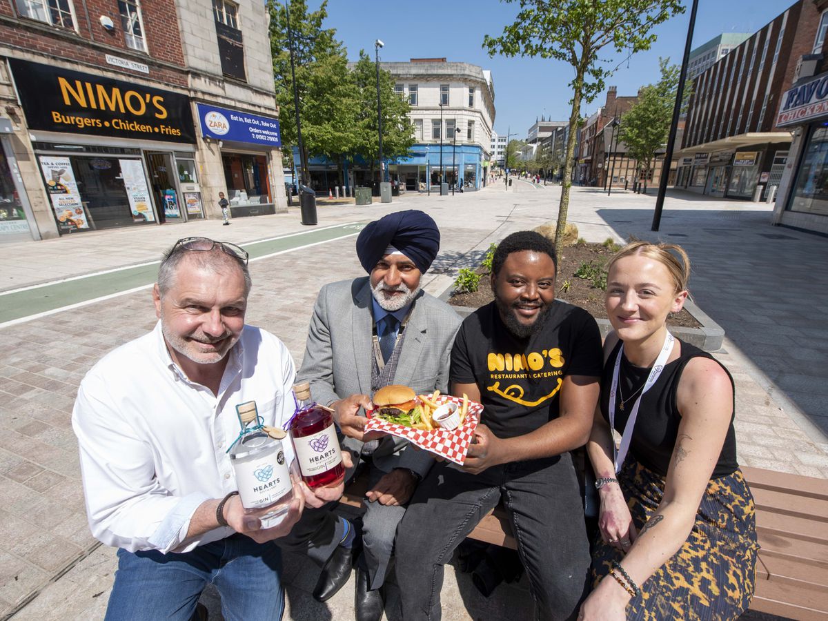 Rob Miles (Hearts Distillery), Nico Chitsa (Nimo’s), Councillor Bhupinder Gakhal (Wolverhampton Council Cabinet Member for Visitor City) and Lara Davis (LSD Promotions Events Manager), stand in the new-look Victoria Street where they will be involved in the Food, Drink & Artisan Market