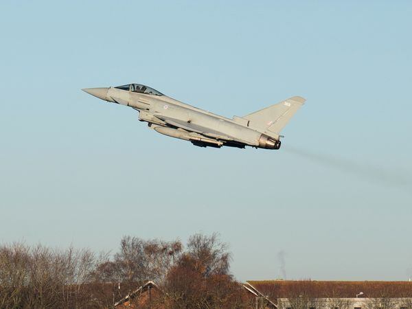 A Typhoon takes off from RAF Coningsby in Linconshire during a visit by Prime Minister Rishi Sunak