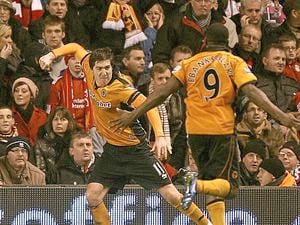 Wolverhampton Wanderers’ Stephen Ward (left) celebrates scoring the first goal during the Barclays Premier League match at Anfield, Liverpool. PRESS ASSOCIATION Photo. Picture date: Wednesday December 29, 2010. Photo credit should read: Peter Byrne/PA Wire. RESTRICTIONS: Use subject to restrictions. Editorial print use only except with prior written approval. New media use requires licence from Football DataCo Ltd. Call +44 (0)1158 447447 or see www.pressassociation.com/images/restrictions for full restrictions.