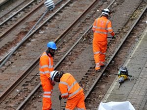 WOLVERHAMPTON COPYRIGHT MNA MEDIA TIM THURSFIELD 13/11/21 .All the Metro services have been suspended due to cracks on the tracks for at least four weeks. Pictured are workmen at The Crescent metro station, Bilston, attempting to repair the track..