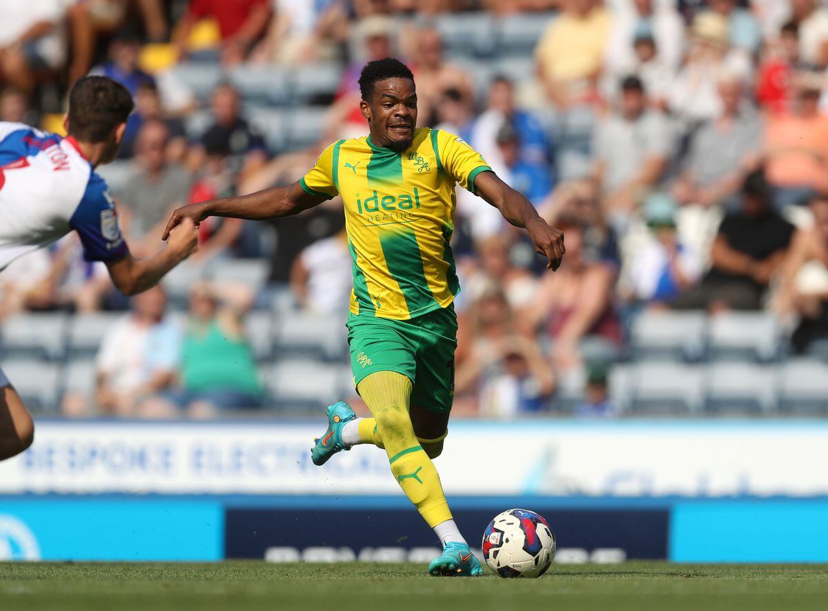 Grady Diangana of West Bromwich Albion during the Sky Bet Championship between Blackburn Rovers and West Bromwich Albion at Ewood Park on August 14, 2022 in Blackburn, United Kingdom. (Photo by Adam Fradgley/West Bromwich Albion FC via Getty Images).