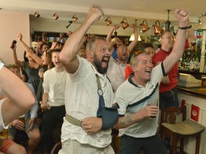 Celebrating England's win against Sweden at the Old Bush Inn in Albrighton