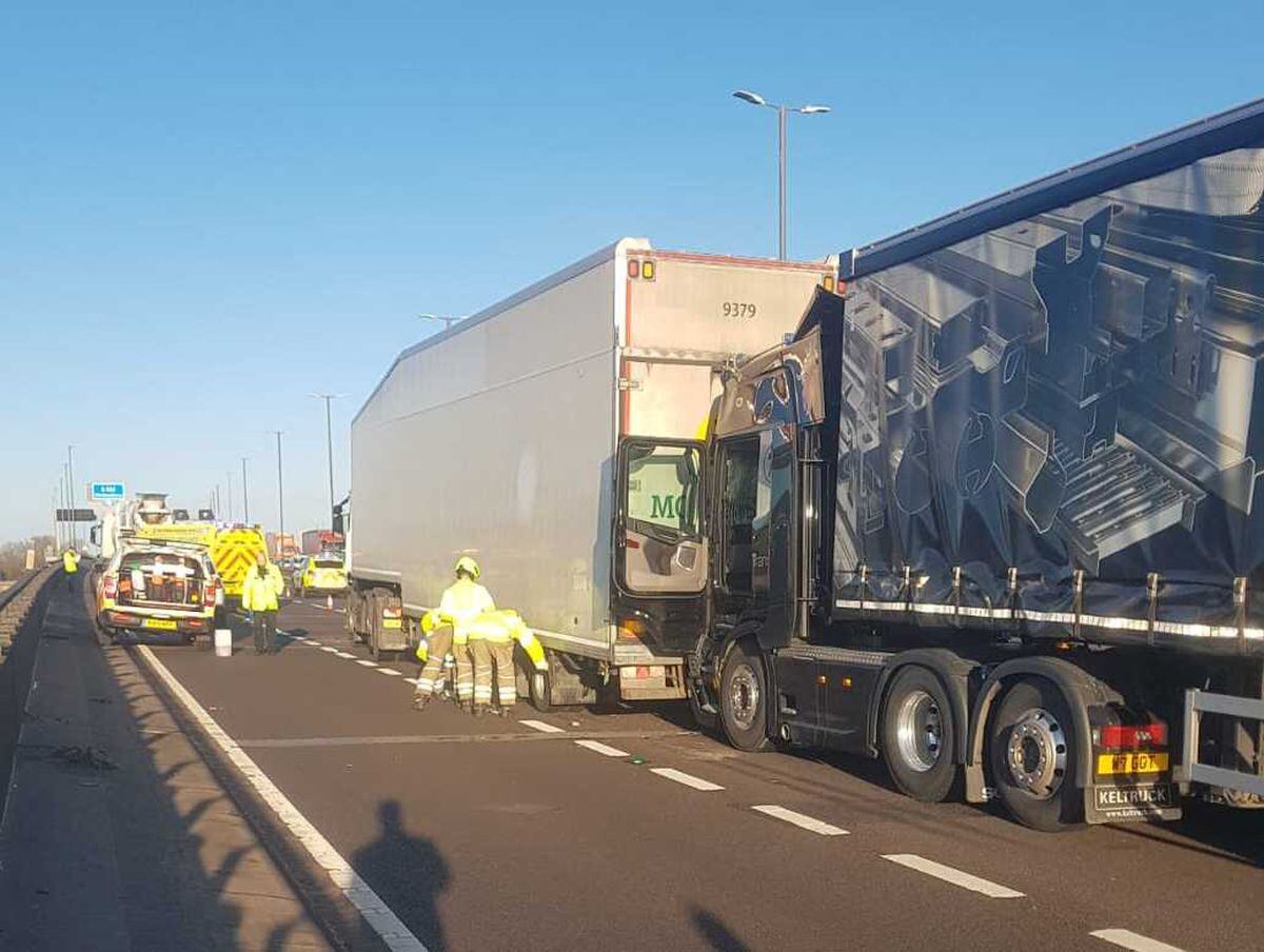 Two of the lorries which were involved in the crash on the M6 at Wednesbury. Image: West Bromwich Fire Station/West Midlands Fire Service