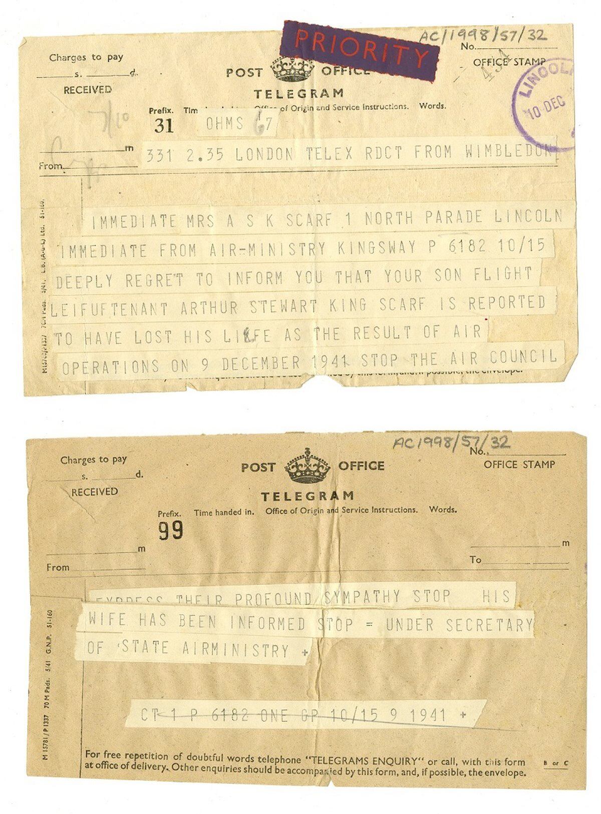 A telegram informing Scarf's family about his death