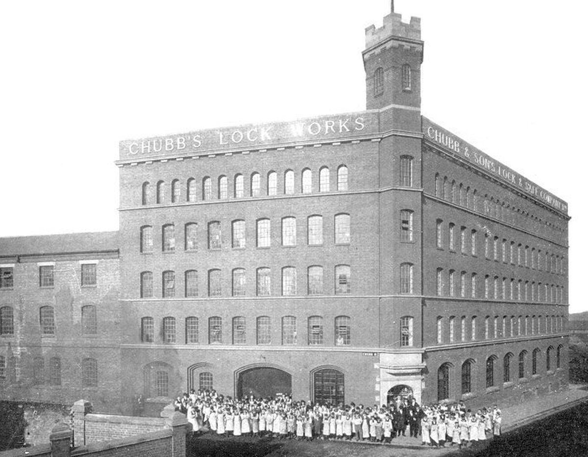 The famous Chubb works in Railway Street pictured in a 1908 advertisement, with the workforce assembled outside