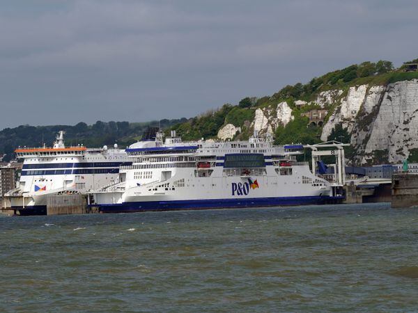 The P&O Fusion Class hybrid ferry P&O Pioneer berthed at the Port of Dover ferry port in Kent