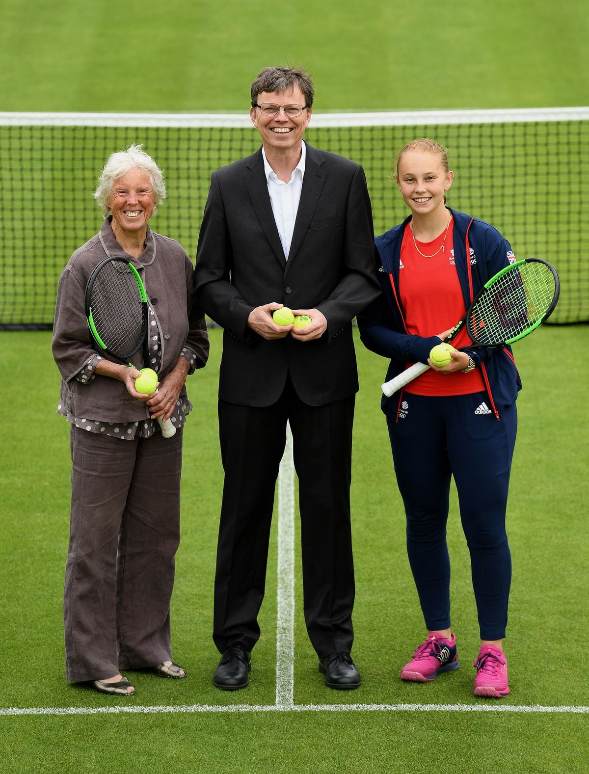 Tennis great Ann Jones, tournament director Patrick Hughesman and under-18 national champion Lillian Mould at Edgbaston Priory Club marking one month to go until the Nature Valley Classic Birmingham