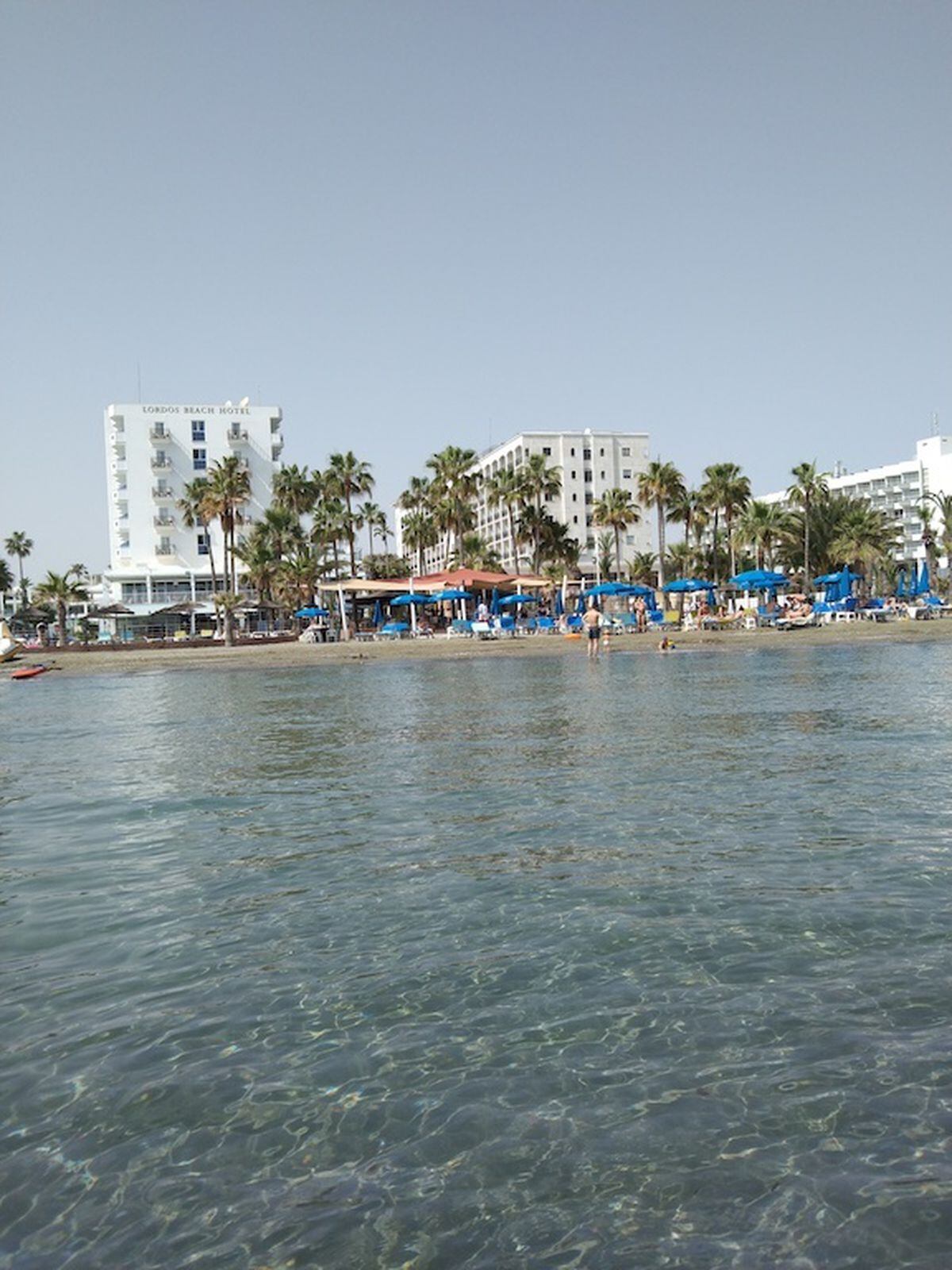 A view of the two hotels from the Mediterranean