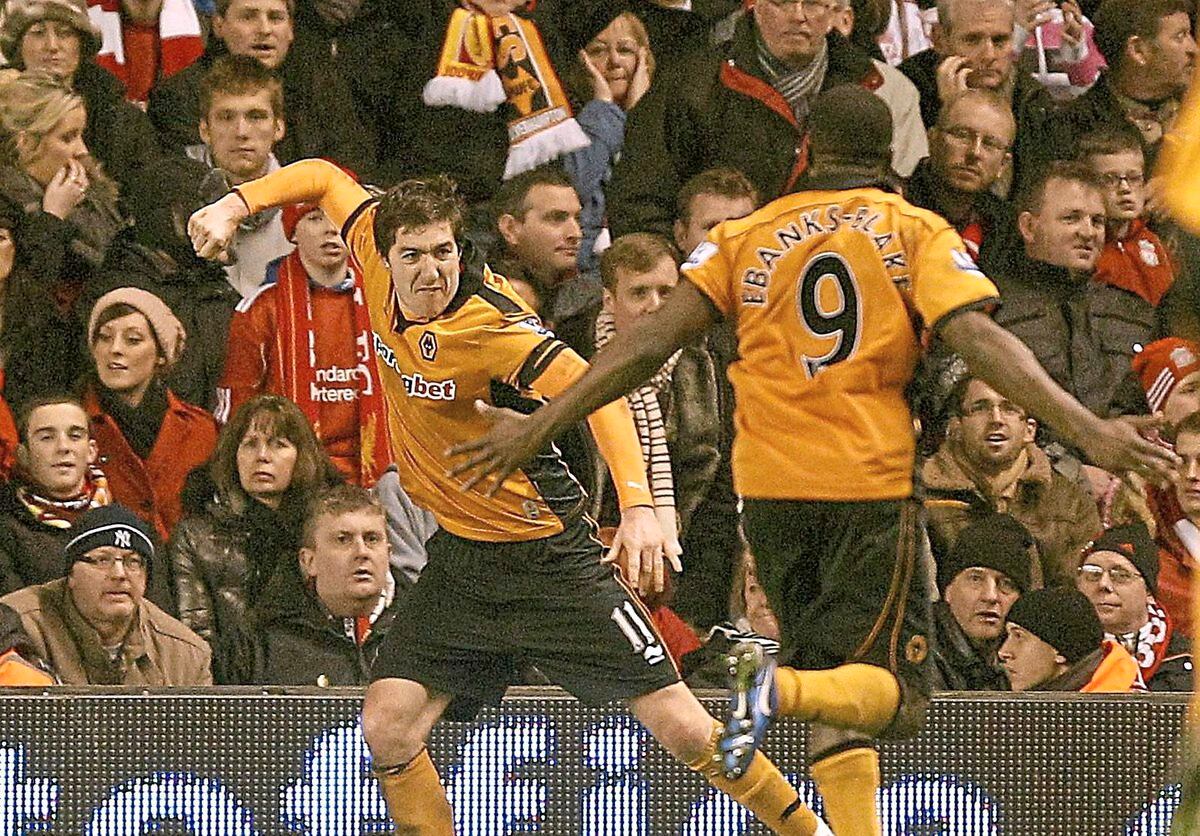 Wolverhampton Wanderers’ Stephen Ward (left) celebrates scoring the first goal during the Barclays Premier League match at Anfield, Liverpool. PRESS ASSOCIATION Photo. Picture date: Wednesday December 29, 2010. Photo credit should read: Peter Byrne/PA Wire. RESTRICTIONS: Use subject to restrictions. Editorial print use only except with prior written approval. New media use requires licence from Football DataCo Ltd. Call +44 (0)1158 447447 or see www.pressassociation.com/images/restrictions for full restrictions.