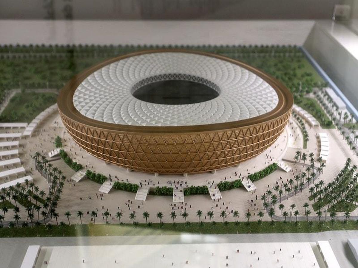 A model of the Lusail Stadium in Qatar, set to host the opening match and final of the 2022 World Cup