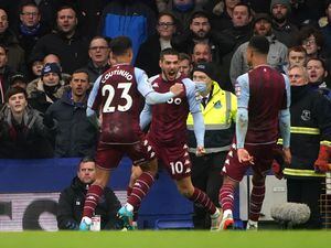 Aston Villa's Emiliano Buendia (centre) celebrates 