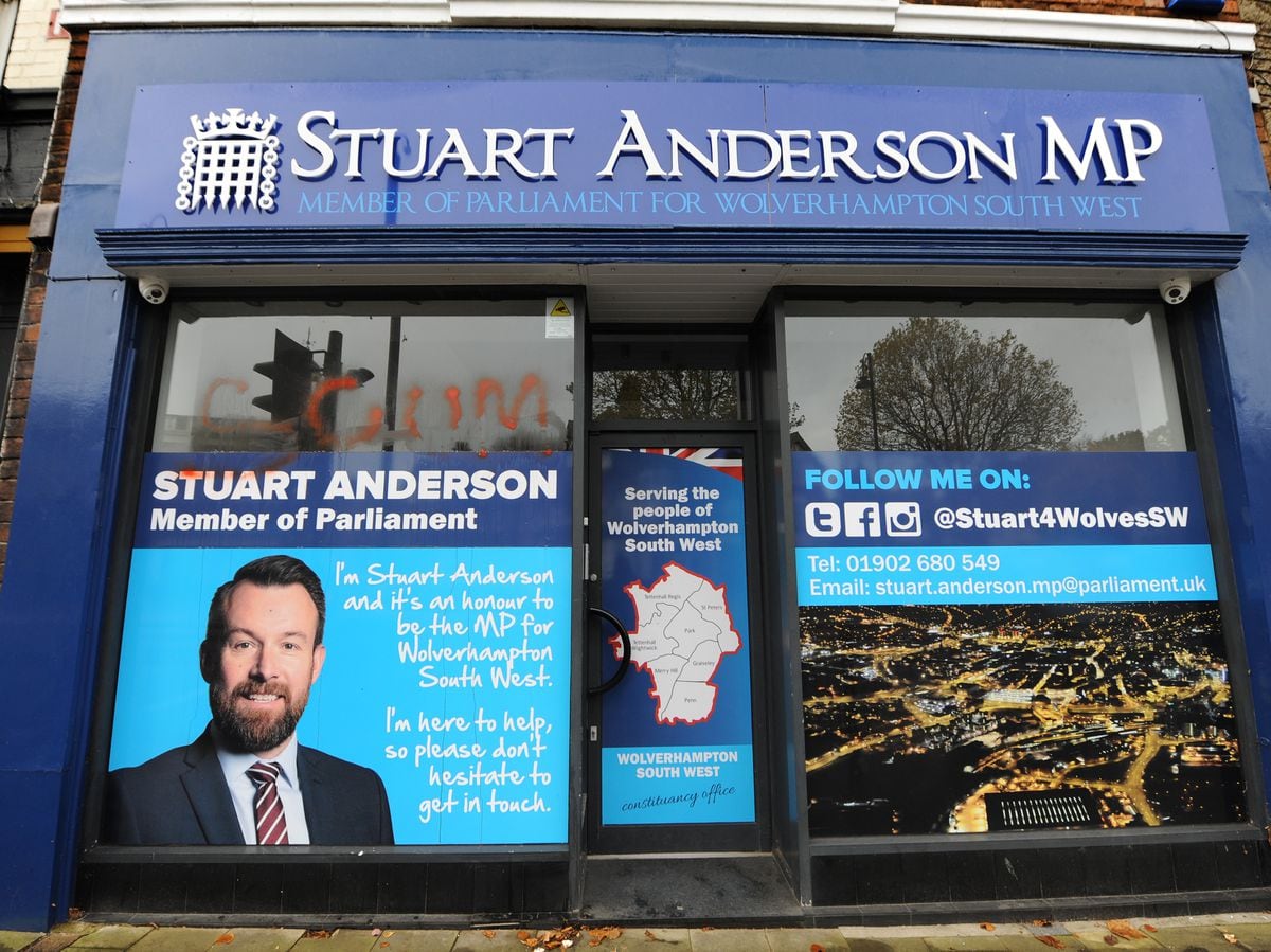 The word 'scum' was sprayed on the constituency office of Stuart Anderson MP this morning