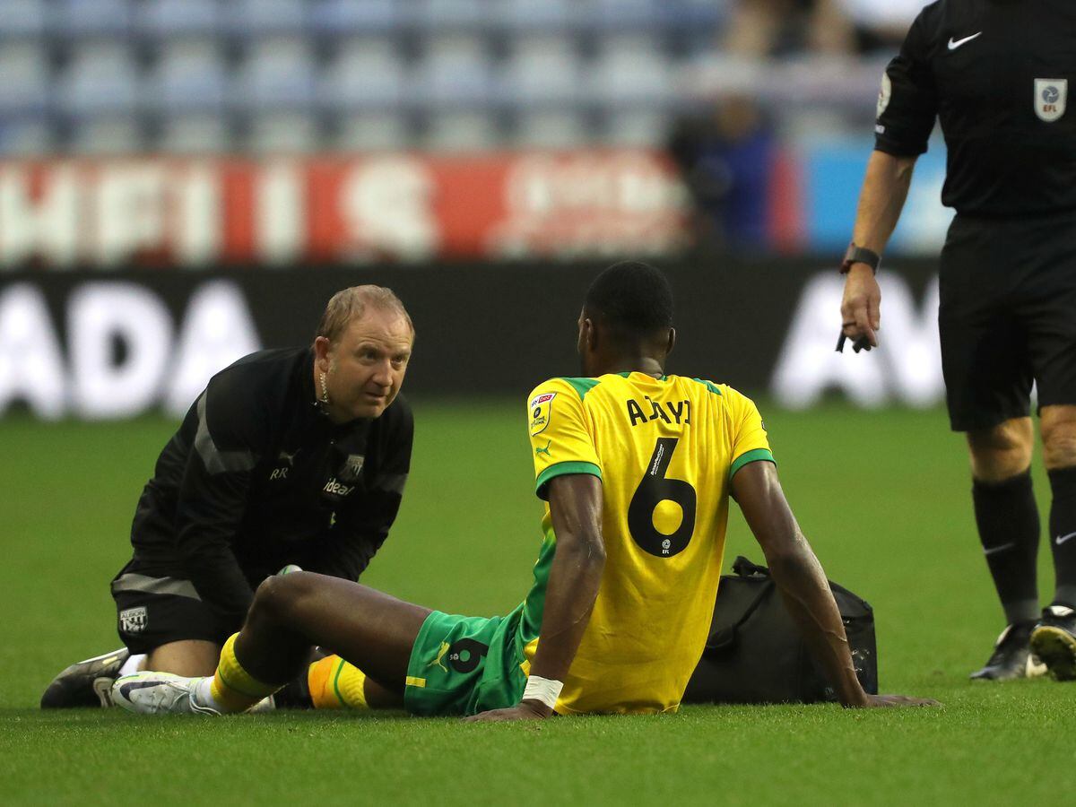 Semi Ajayi of West Bromwich Albion receives treatment prior to being forced off during the Sky Bet Championship between Wigan Athletic and West Bromwich Albion at DW Stadium on August 30, 2022 in Wigan, United Kingdom. (Photo by Adam Fradgley/West Bromwich Albion FC via Getty Images).