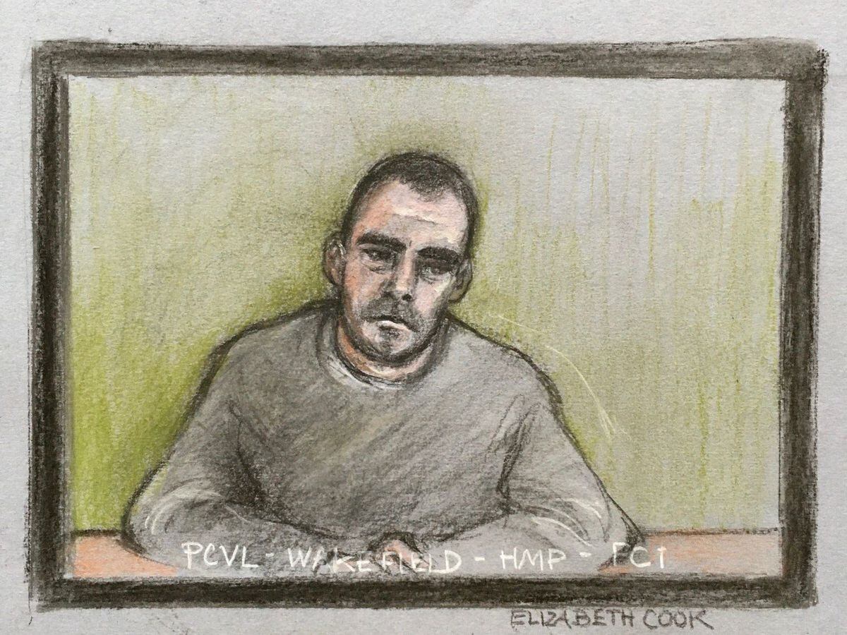 Court artist drawing by Elizabeth Cook of Damien Bendall appearing at Derby Crown Court by video-link on Friday September 24, 2021