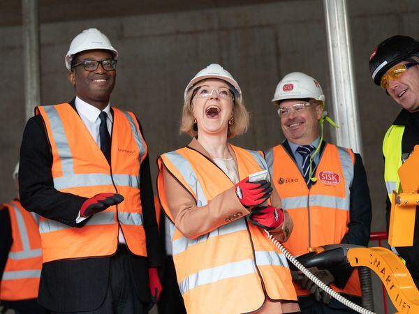 Liz Truss and Chancellor Kwasi Kwarteng during a visit to a construction site for a medical innovation campus in Birmingham