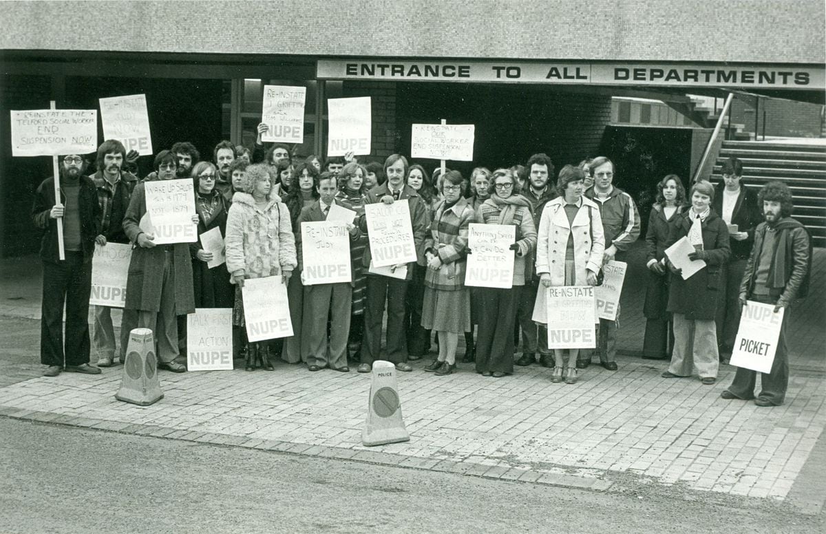 Shropshire County Council workers were confronted by about 50 striking social workers when they turned up for duty on March 13, 1979