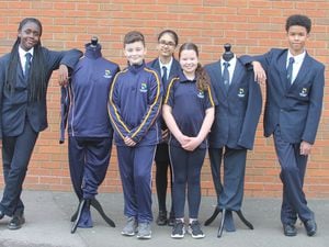 Year 7 Perryfields Academy students Kiana Douglas-Hare, Kiernan Blick, Amisha Banghra, Isabelle Tipping and Tyrses Hadley show off the school’s uniform and PE kit.