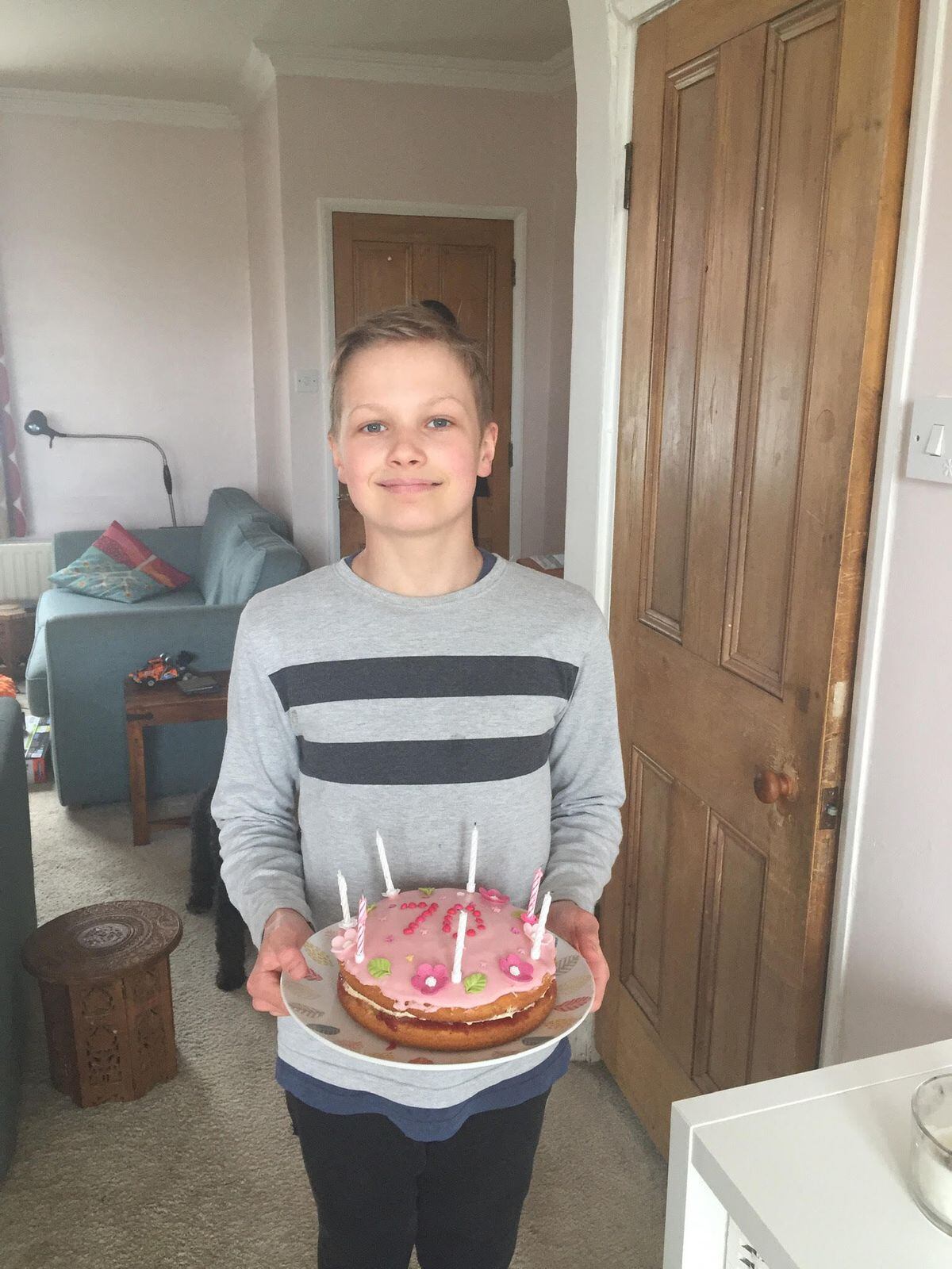 Sam Bruton, 11, from Shrewsbury, baked a birthday cake for his Nanny who has just turned 70. We left it on a bench outside her house.