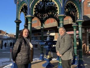 Chris Hinson, chair of West Bromwich Town Deal Board and Councillor Peter Hughes pose at Farley Fountain