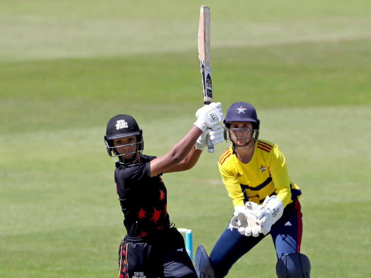 Central Sparks’ Davina Perrin bats during the Charlotte Edwards Cup 2022 semi-final match at The County Ground, Northampton. Picture date: Saturday June 11, 2022.